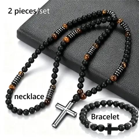 Women's 2-Piece Faith-Inspired Bohemian Fashion Jewelry Set - Stainless Steel Hypoallergenic 30-in Pendant Necklace, Elastic Stretch 8mm Matte Black & Tiger Eye Bead Bracelet with Golden Accents for Daily Wear & Special Occasions, Pendant Necklace Set
