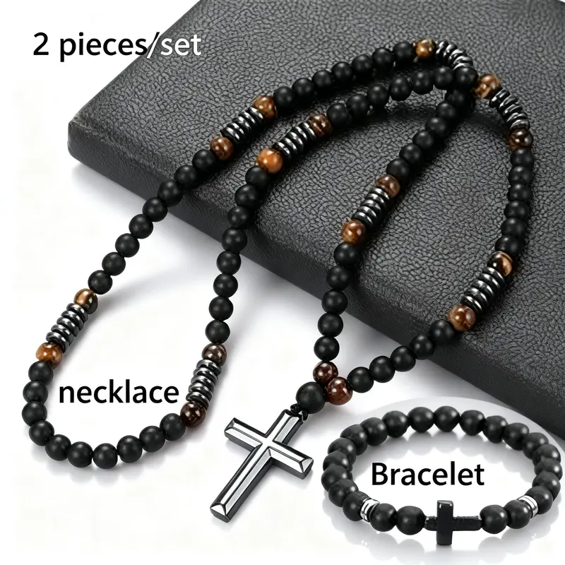 Women's 2-Piece Faith-Inspired Bohemian Fashion Jewelry Set - Stainless Steel Hypoallergenic 30-in Pendant Necklace, Elastic Stretch 8mm Matte Black & Tiger Eye Bead Bracelet with Golden Accents for Daily Wear & Special Occasions, Pendant Necklace Set