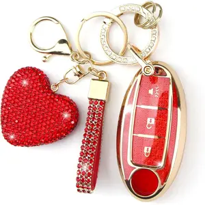Key Fob Cover with Diamond Keychain, Car Key Holder Compatible with Nissan Altima Rogue Sentra Pathfinder Frontier Maxima Titan Murano Versa Armada GTR, 3 Buttons (Red-Heart)