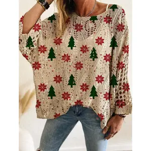 Women'sChristmasKnitTop,LongSleeveVNeckBatwingShoulder,ColorblockSnowflakePrint,CasualHolidayWear