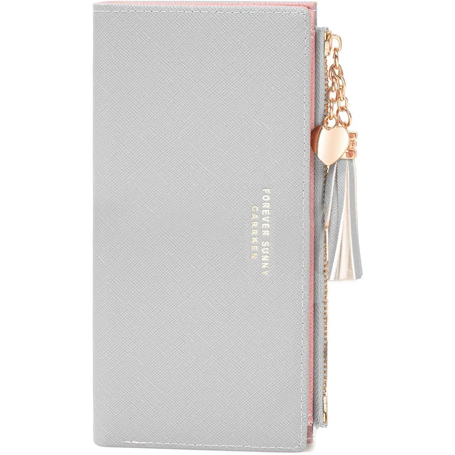 Women's Synthetic Card Slots Wallet - Home Organizer Coin Purse, Slim Heart Shape, Zippered, Mini Long Card Holder, Tiny Zip Clutch Billfold with Love Pendant Tassels (Grey)