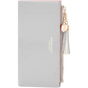 Womens Slim Wallet Girls Thin Wallets Pretty Mini Long Card Holder Small Tiny Clutch Zip Purse Love Pendant Tassels Billfold (Grey)