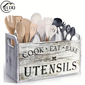 LDQ Wood Material 3-Compartment Rustic Wooden Kitchen Utensil Holder, 1pc Storage Box - Countertop & Wall-Mounted Organizer - Kitchen Accessories for Cook, Eat, Bake Tools