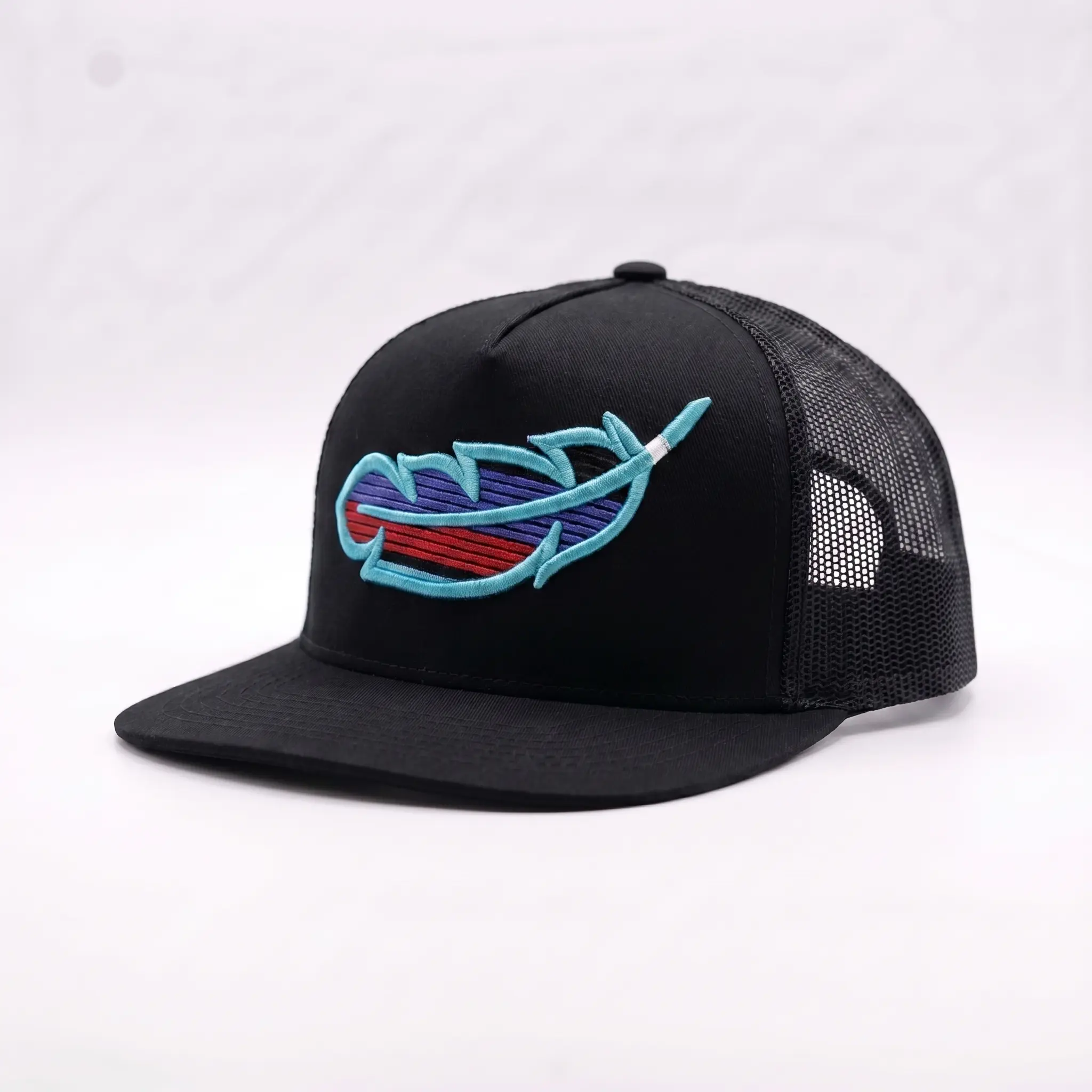“Feathered Outlaw” -BLK Hot Blue Feather unique Trucker Hat Funny Baseball Cap