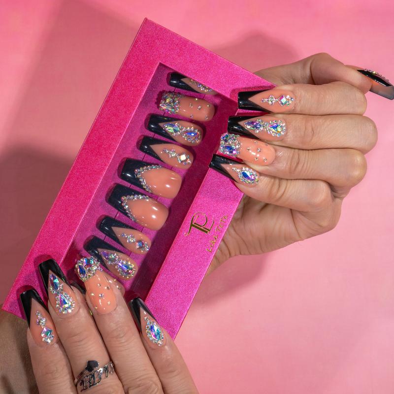 LikeTeTe  Sparkling Rhinestone salon Nails – French Tips with Chunky Crystals | Festival & Party Nail Set” Reusable Handmade Iridescent Glitter