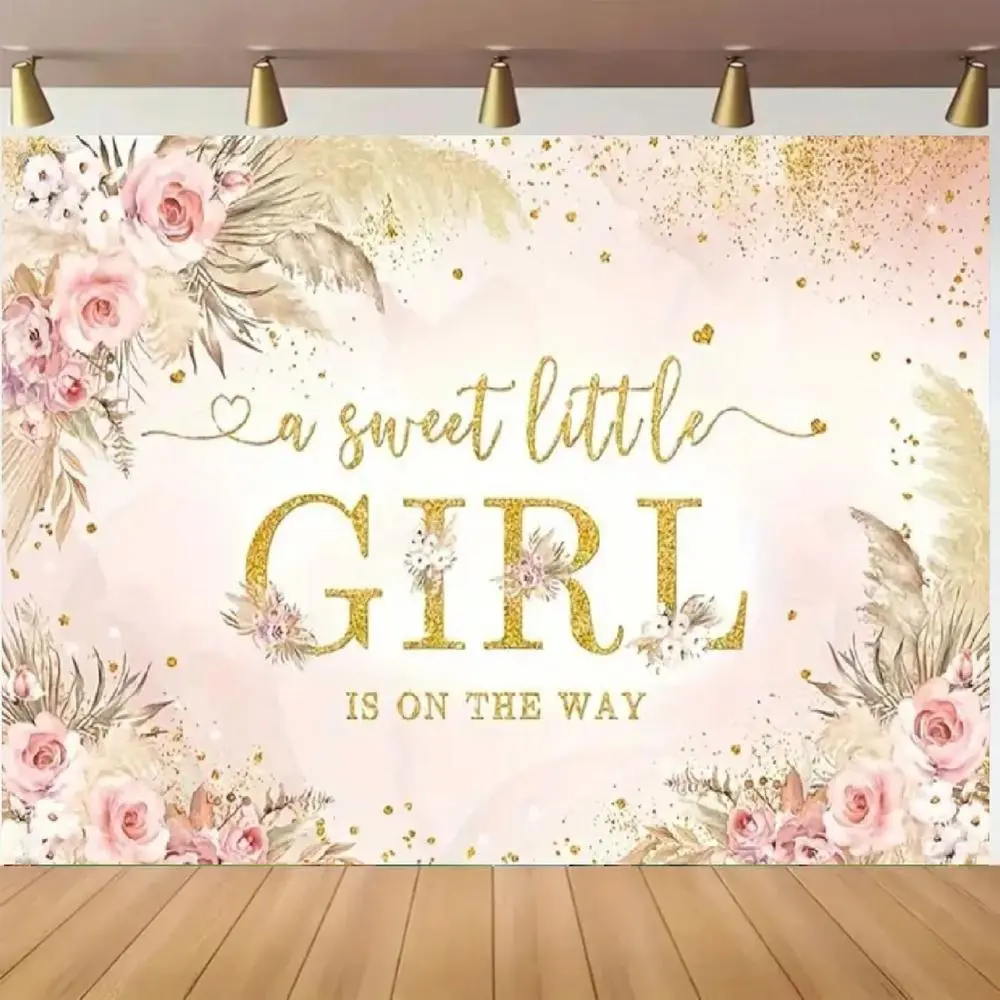 1pc 2D Flat Boho Chic Pink Floral & Golden Polka Dot Banner -Perfect for Bath Parties, Cake Table Decor, and Photo Backdrops