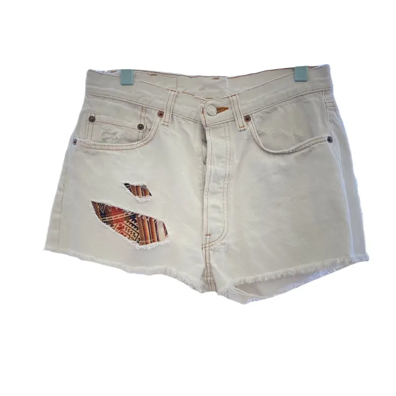 White Denim Ripped Shorts Redone Tribal Textile Casual