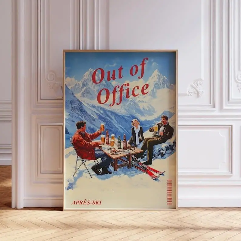 Vintage Après-Ski Artistic High-Res Graphical Paper Poster Print - 12x18in Fade-Proof Luster Paper Wall Decor, Eco-Friendly Wall Decoration for Ski Bar Cart, Mountain Winter Room