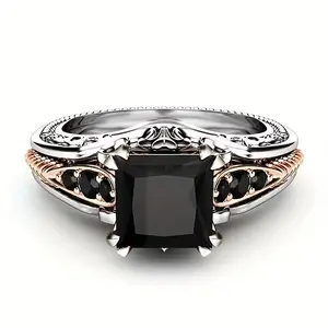 Fashionable Octopus Black Square Women's Ring, Exquisite Hollow Zircon Ring, Holiday Gift