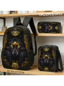 3pcs Black Wolf Head Design with Golden Geometric Patterns. Ideal for Stylish Adults in Daily Commute, Travel, or Casual Use.