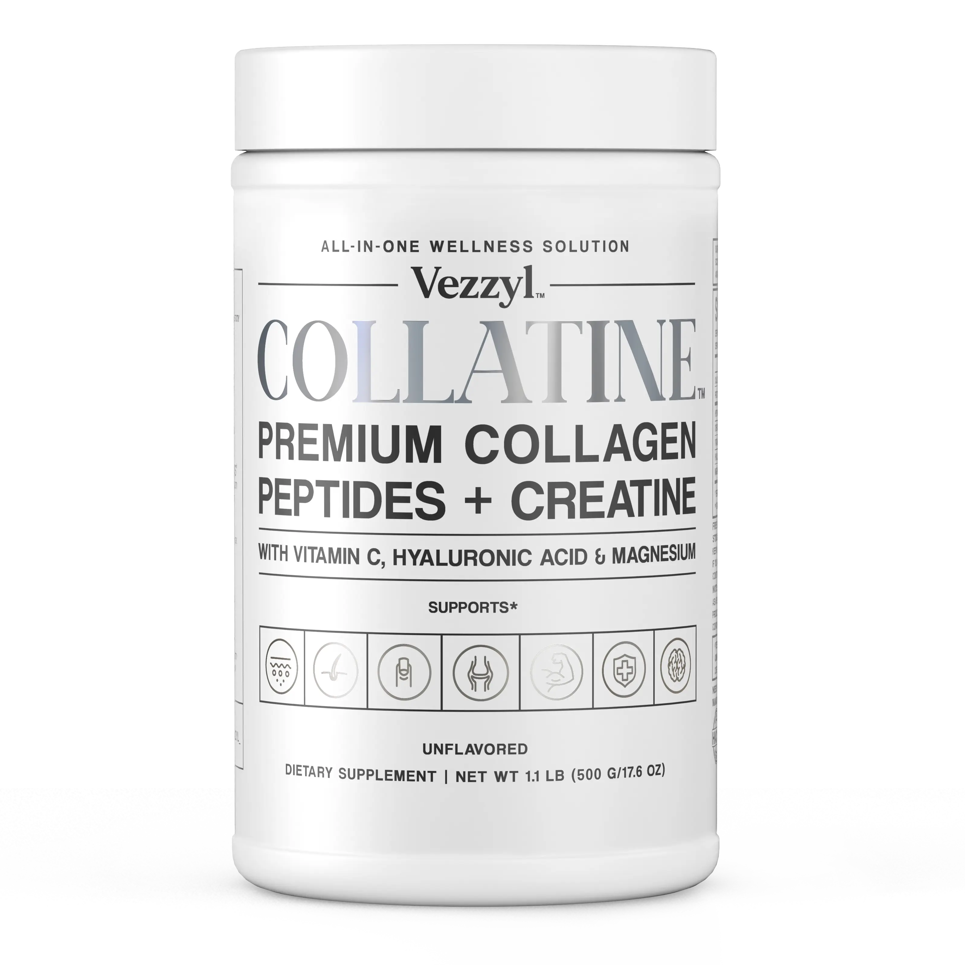 Vezzyl Collatine - Premium Collagen Peptides Creatine Supplement with Vitamin C, Hyaluronic Acid, Magnesium – Clinically Proven Beauty, Fitness, Healthcare, Dietary Aid for Skin, Joints, Muscles, Anti Aging, Guaranteed Quality, Unisex Supplement