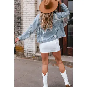 Sequins Fringe Distressed Denim Jacket