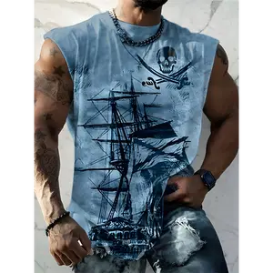 [Plus Size Pirate Ship Tank] Men's Plus Size Pirate Ship Graphic Tank Top - Breathable Polyester, Street Style Sleeveless Shirt for Summer, PLUS SIZE