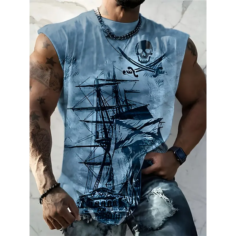 [Plus Size Pirate Ship Tank] Men's Plus Size Pirate Ship Graphic Tank Top - Breathable Polyester, Street Style Sleeveless Shirt for Summer, PLUS SIZE