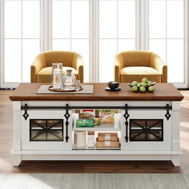 IRONCK 48'' Coffee Table with Sliding Barn Doors, Rustic Center Table with 6 Large Storage Space, Glass Doors and Adjustable Middle Shelf, Farmhouse Coffee Tables for Living Room