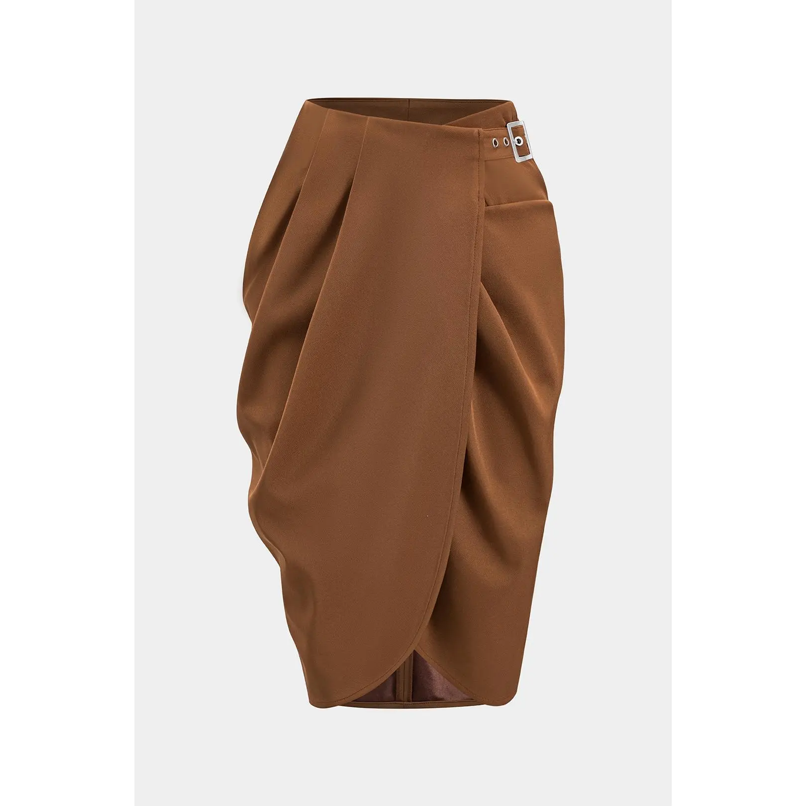 Women's Asymmetrical Belted Midi Skirt, Ruched Fitted Bottom in Twill Polyester Fabric for Office Work, Mid-Length, Cloth, Snug Fit, Skirts For Women, Office Wear, Clothes