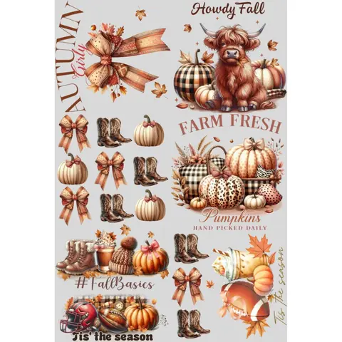 Autumn Girly Mini DTF Transfer Gang Sheet 24.5" wide x 36" long. Direct To Film