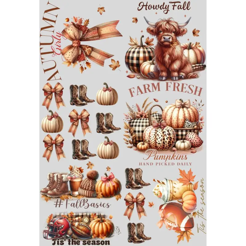 Autumn Girly Mini DTF Transfer Gang Sheet 24.5" wide x 36" long. Direct To Film