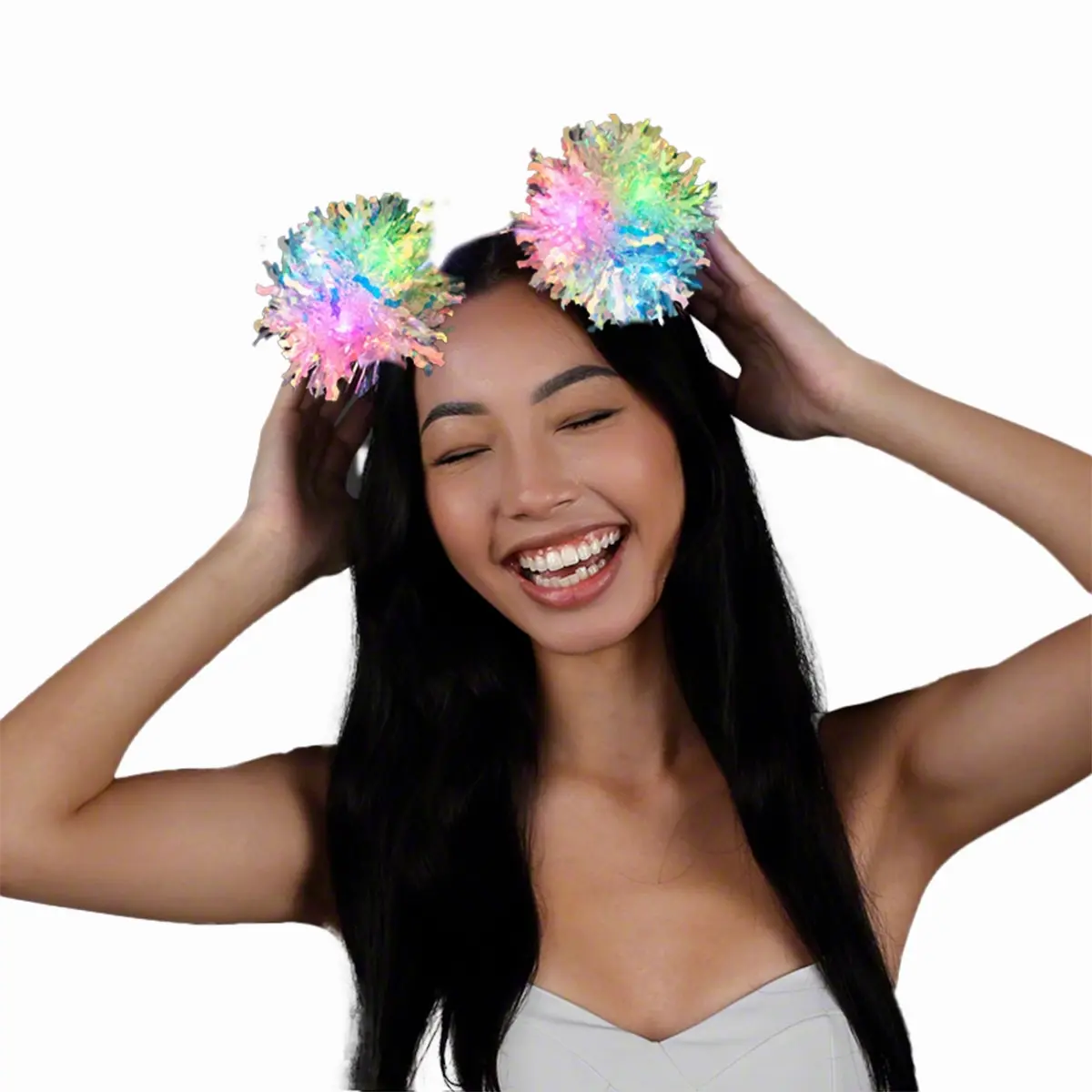 212 MAIN Light Up Crinkle Tinsel Fluffy Pom Pom Headband, 9x7 in, AG13 Batteries, Pom Poms