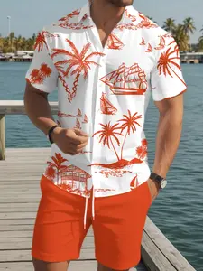 Men's Hawaiian Tropical Style Printed Short Sleeve Shirt, Casual Beach Vacation Set, Summer Coastal, Fitted Tee with Shorts