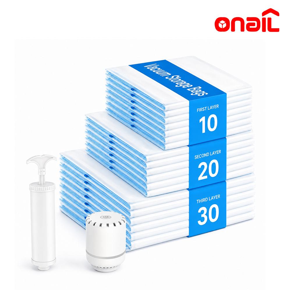 ONAIL 30 Pack Vacuum Storage Bags, Space Saver Bags (6 Jumbo/12 Large/12 Medium)Clothes Storage Organiser, Hand Pump Included,Organiser Space Saving
