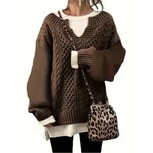 Cozy Plus Size Cable Knit Sweater - Soft, Casual, Loose Fit, Long Sleeve, V Neck, Pullover Jumper for Fall & Winter - Women's Relaxed Fit, Comfortable, Warm, and Stylish Clothing for Curvy Figures