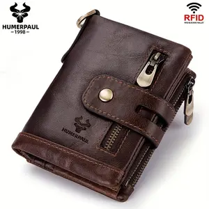 Cowhide Leather Men's Wallet Coin Purse RFID Small Card Holder Fashion Chain Buckle Men's Vintage Pocket, Ideal Gift for Men