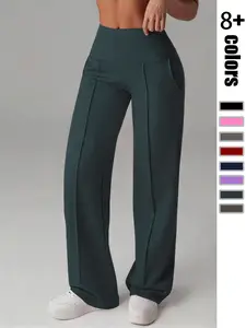 Women's Solid Color Loose Fit Pocket Straight Leg Pants, High Waist Butt Lifting, Perfect for Daily Wear and Outdoor Activities, Fashionable All-Season Sportswear
