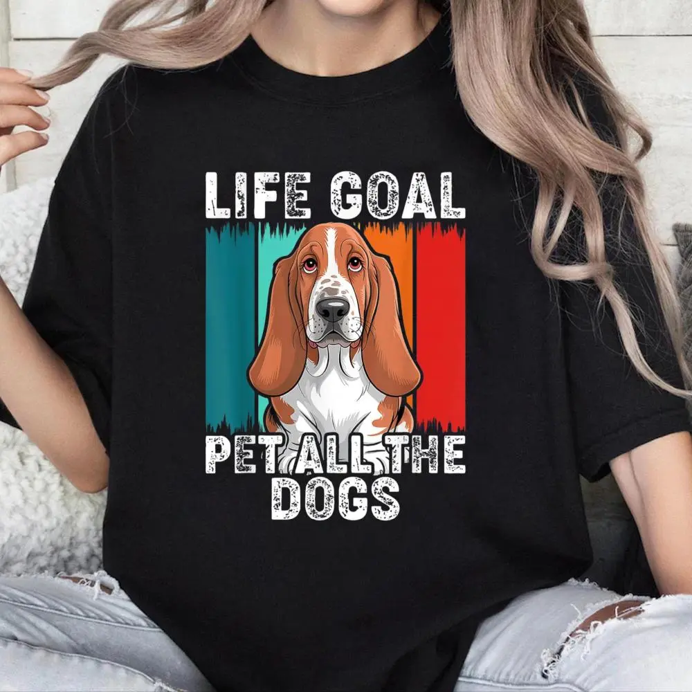 Women's 100% Cotton Vintage Crew Neck Short Sleeves Graphic T-Shirt - Basset Hound Dog Pet Life Goal Themed Casual Everyday Clothes with Playful Look