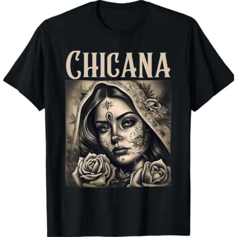 Women's Fitted Short-Sleeve Round Neck Chicana Chola Style Lowrider Street Wear Tshirt - Casual Figure Print Made-to-Order Mexican American Latina Top, Cold Wash Compatible, Crew Neck, Do Not Bleach, Minimalist, Shortsleeve, Chicana Style, Athletic, All S