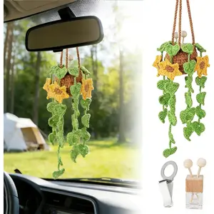Crochet Car Air Freshener, Sunflower Car Rearview Mirror Diffuser with 8ml Refillable Essential Oil Bottle, Adjustable Strap Hanging Clamp, Crochet Hanging Plant for Car Home Office Decor