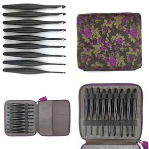 9Pcs Black Anodized Aluminum Crochet Hook Set, Ergonomic Bulb Handle Crochet Needles with Premium Purple Trim Zipper Storage Case, Portable Knitting Crocheting Tools Kit for Beginners & Professional Knitters, Ideal Handcraft Gift