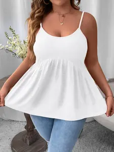 Plus Size Women's Camisole Tops, Sleeveless, Adjustable Straps, Classic Versatile Casual Style, Thin Straps with Ruffle Hem, Suitable for Various Occasions, Basic
