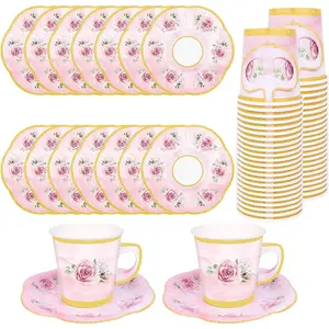 50 Pcs Pink Floral Disposable Paper Tea Cups Plates and Saucer Sets with Gold Rim, Serve 25 for Wedding Birthday Baby Shower Tea Party Hot Cold Drinks