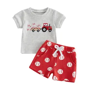 Babamoon 2Pcs Kids Baby Boy Summer Outfits Short Sleeve Baseball Tractor Embroidery T-Shirt + Shorts Set Toddler Clothes 6M-4Y