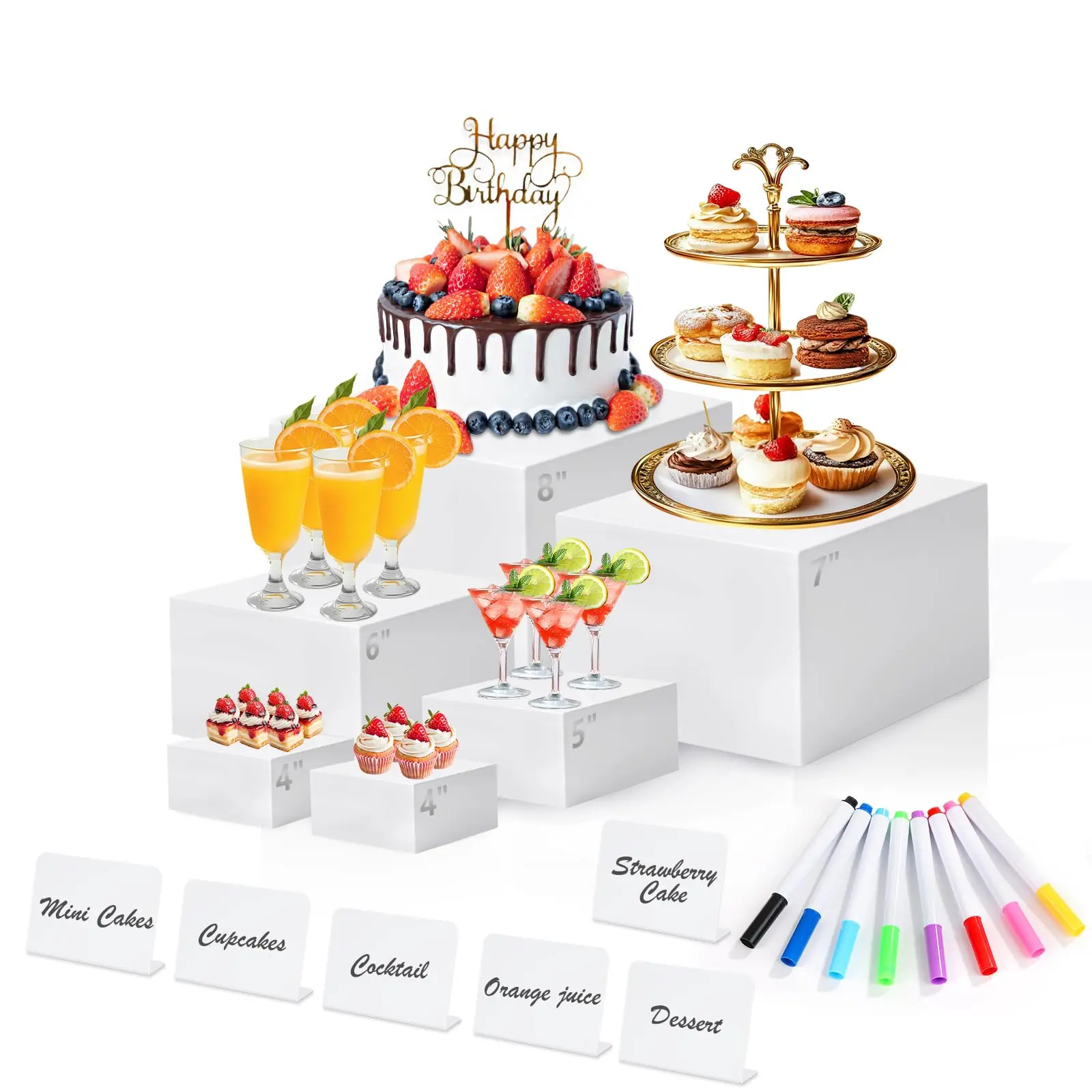 6 PCS Buffet Risers with Mini Sign and Marker, Food Display Stands for Buffet Table Party Catering Dessert Jewelry Collectibles, Cube Nesting Boxes with Hollow Bottoms  ( 8" 7" 6" 5" 4" 4" )