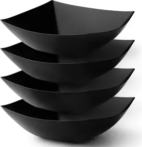 Black Plastic Serving Bowls for Party (64oz - 4 Pack) Square, Disposable & Fruit Bowls for Party Table, Candy Containers for Candy Buffet
