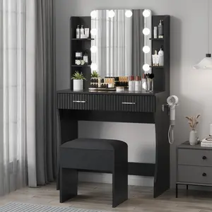 White/Black Makeup Vanity Desk with Mirror & 12 LED Lights, Vanity Table with Power Outlet, 2 Drawers, 6 Shelves, Hair Dryer Holder & Stool, Modern Dressing Table for Bedroom