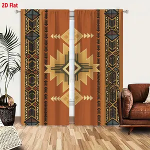 2D Flat 2 Pieces Native American Inspired Geometric Pattern Curtain Set, Rust Brown Background with Tan Starburst Sun Motif, Dark Blue Black Red Decorative Bands, Earthy Tones Tribal Style Window Curtains for Living Room Bedroom