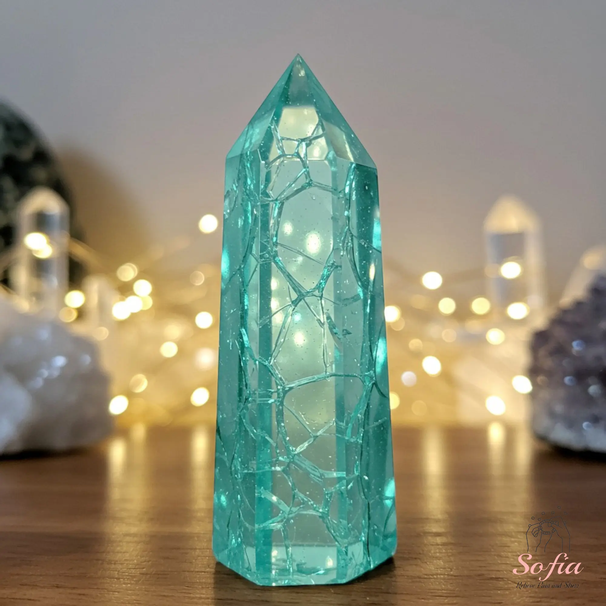 Blue Crackle Glass Single-Point Wand Obelisk - Non-Natural Crystal Decorations, Mineral Specimen for Home Desk, Christmas Gift