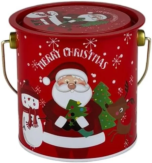 Christmas Tin Bucket with Lid and Handle, Holiday Container for Treats, Red | Santa Claus and Snowman Holiday Theme,Tin Bucket