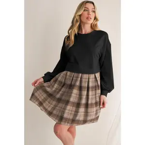 Beige Plaid Patchwork High Waist Sweatshirt Mini Dress
