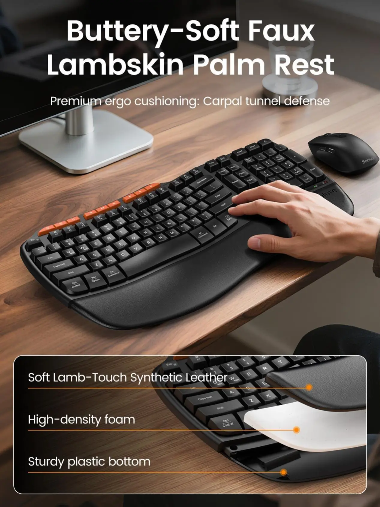 SABLUTE MA31 Ergonomic Wireless Keyboard and Mouse Combo, 2.4G Full Size Ergo Wave Key Board with Cushioned Plam Rest, Natural Typing, 3 DPI Adjustable Silent Mouse for Computer/Laptop/Windows/Mac