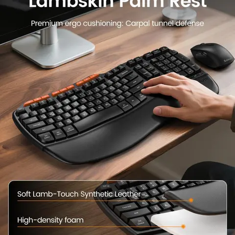 SABLUTE MA31 Durable Multifunctional Wireless Keyboard and Mouse Combo - 2.4G Full-Size Ergo Wave Keyboard with Leatherette Palm Rest, 9 Shortcut Keys, 10m Keystroke Durability; 3 DPI Adjustable Silent Ergonomic Computer Mouse for Computer/Laptop
