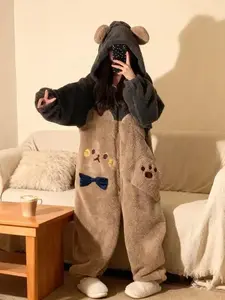 Women’s  Bear Onesie Pajamas, Plush Fleece Hooded Loungewear with Ears and Pockets, Soft Cozy Animal Jumpsuit Sleepwear for Winter Home Wear