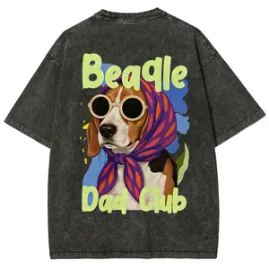 Beagle Dad Club T-shirt, Unisex Casual Cotton Comfort Shirt, Vintage CrewNeck Acid Washed Oversized Drop Shoulder Heavyweight T-shirt, Baggy Workout Tops Short Sleeve Shirt