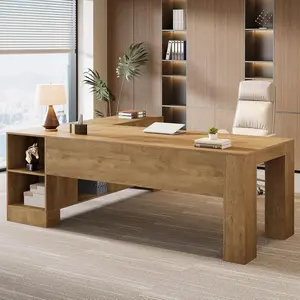 LITTLE TREE L-Shaped Executive Desk, 78-Inch Office Desk with Storage Cabinet and 2-Tier Shelf, Sleek Modern Business Furniture Large Computer Writing Table Workstation for Home Office