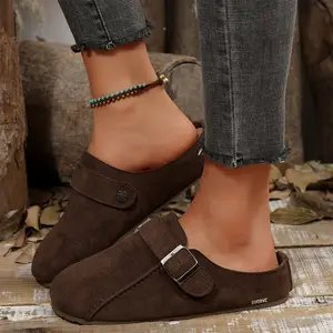 Women's Trendy Slippers Suede Buckle Mules Stylish Slip-On Clogs with Adjustable Buckle Soft Sole Casual Indoor Outdoor Shoes for Daily Wear