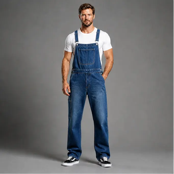 Men's Classic Blue Denim Bib Overalls Multi Pocket Loose Fit Casual Work Overalls