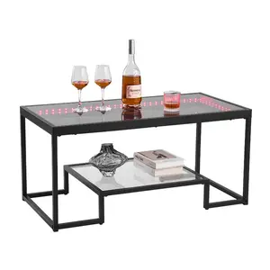 fathersdaygift VEVOR Coffee Table, Modern Tempered Glass Coffee Table with Lighting, 2 Tiers Rectangle Glass Center Desk with Open Storage, Minimalist Metal Accent End Desk for Living Room, Office, Easy Assembly